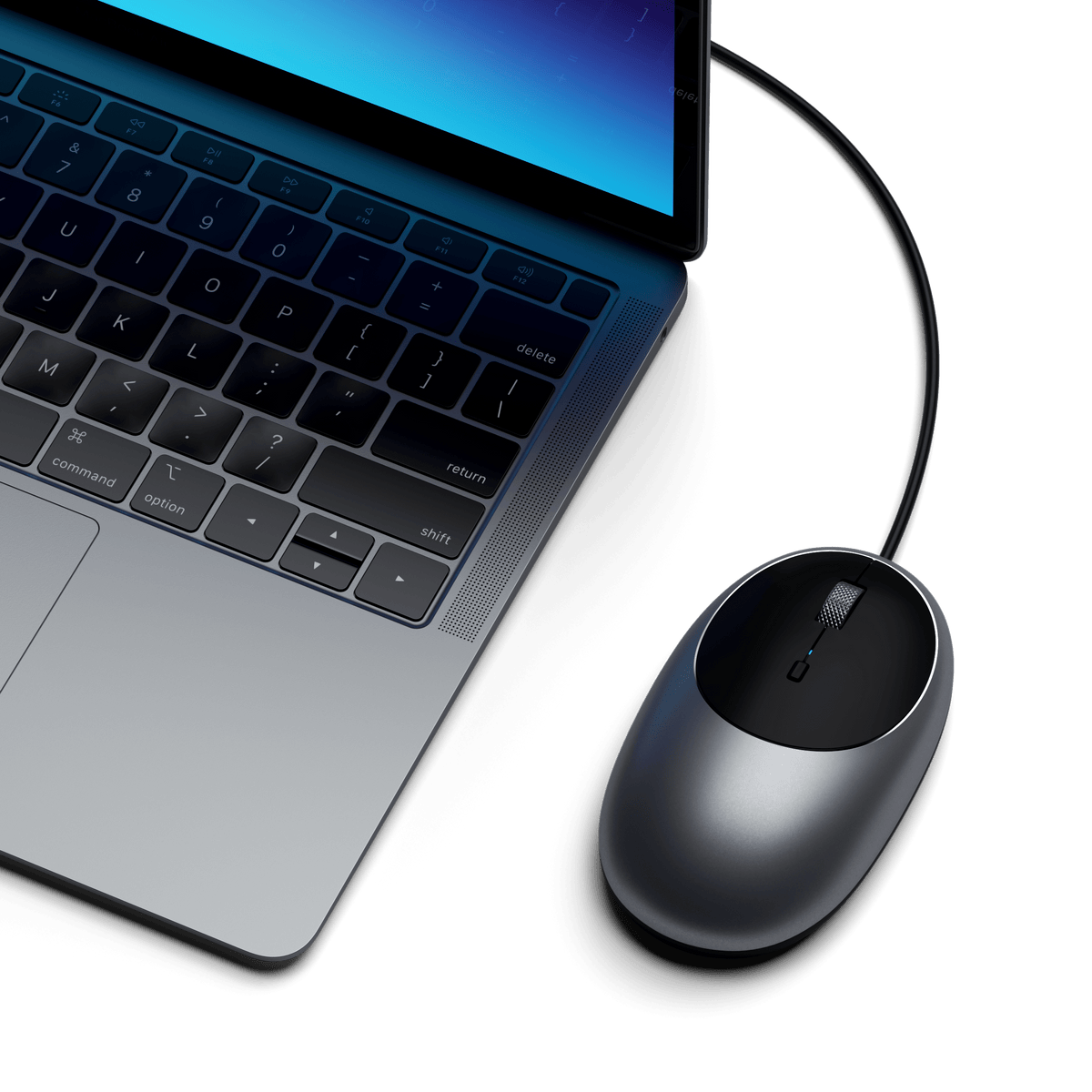 C1 USB-C Wired Mouse in Space Gray plugged into a MacBook