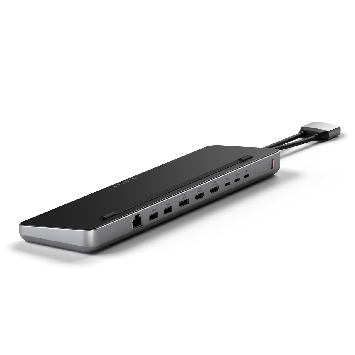 Satechi Dual Dock Stand Docking Station with NVMe SSD Enclosure, angled view showing Ethernet, USB-A, HDMI and USB-C ports