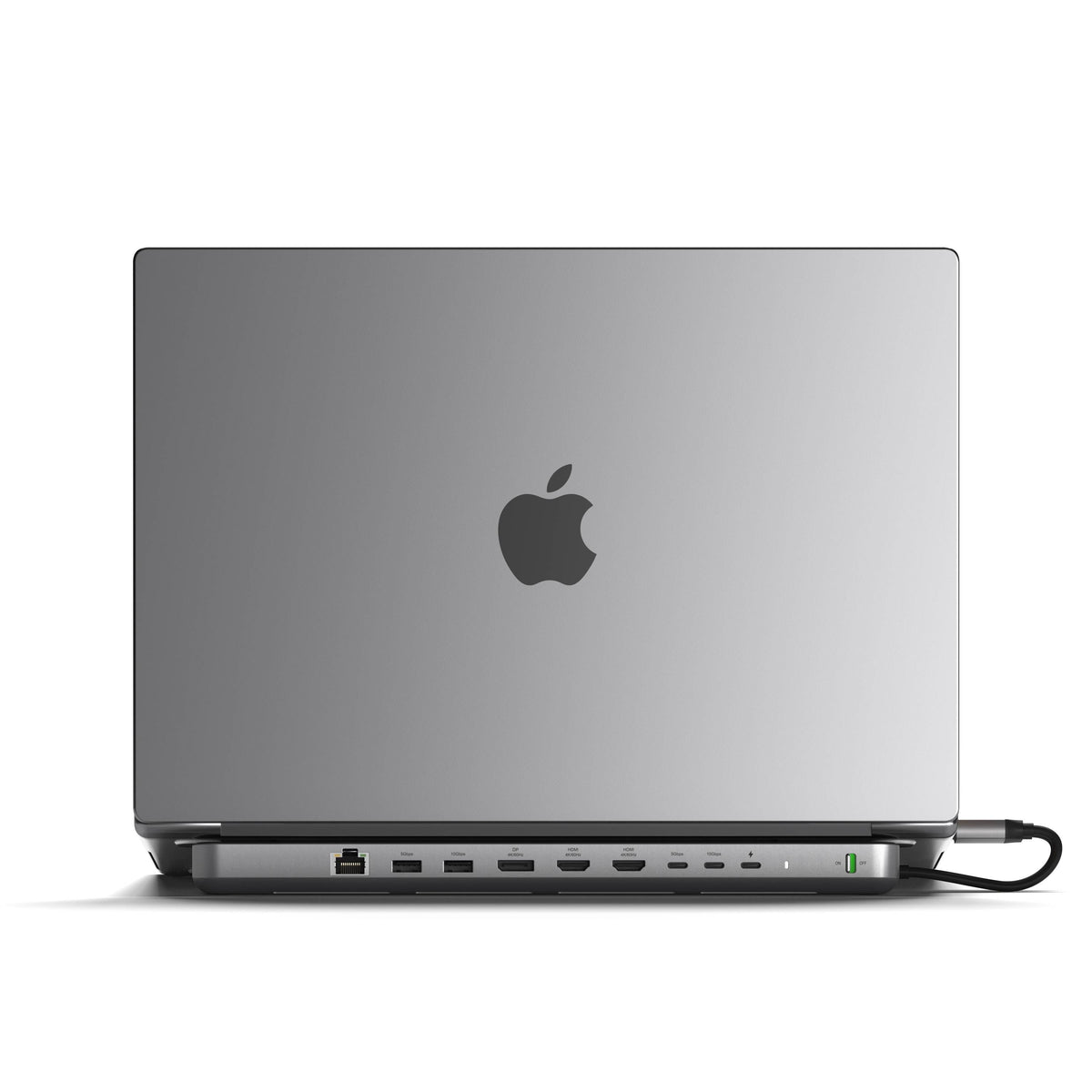 Dual Dock Stand Docking Station with NVMe SSD Enclosure under a MacBook Pro, back view showing the row of ports