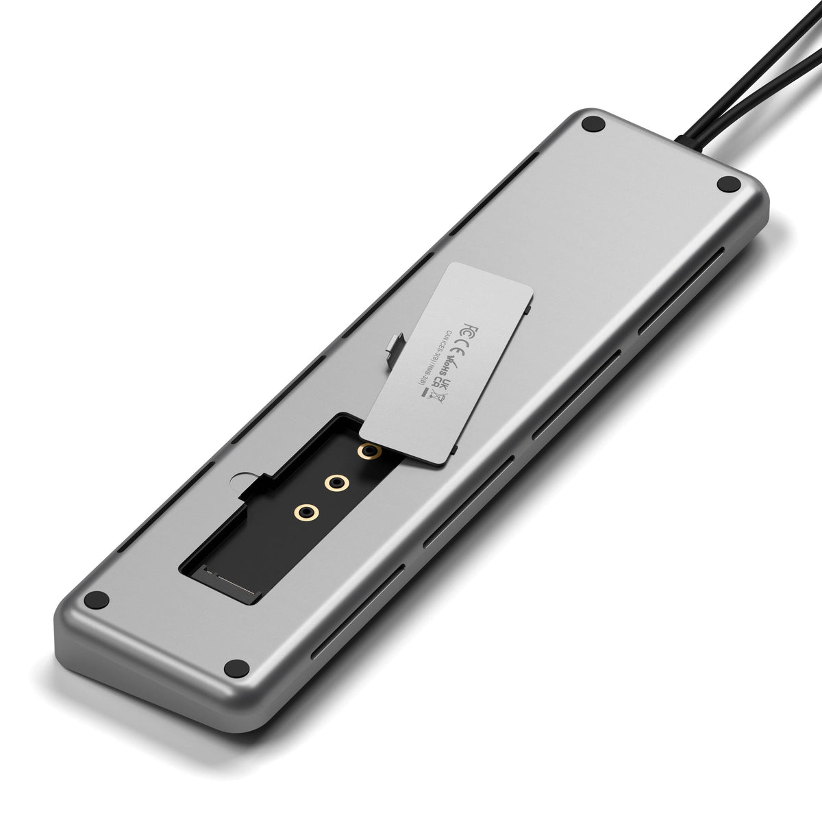 Dual Dock Stand Docking Station with NVMe SSD Enclosure, underside with the NVMe SSD bay open