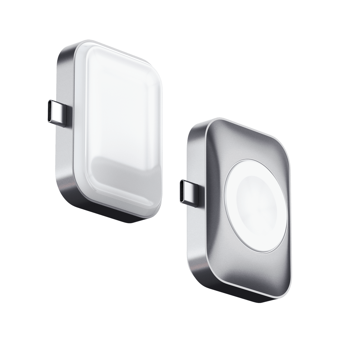 Satechi Dual Sided 2-in-1 USB-C Charger for Apple Watch and AirPods, both sides shown: AirPods charging pad and Apple Watch charger
