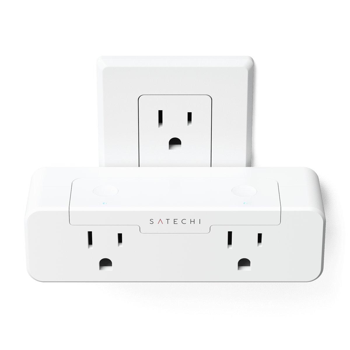 Dual Smart Outlet, US version, in front of a wall outlet