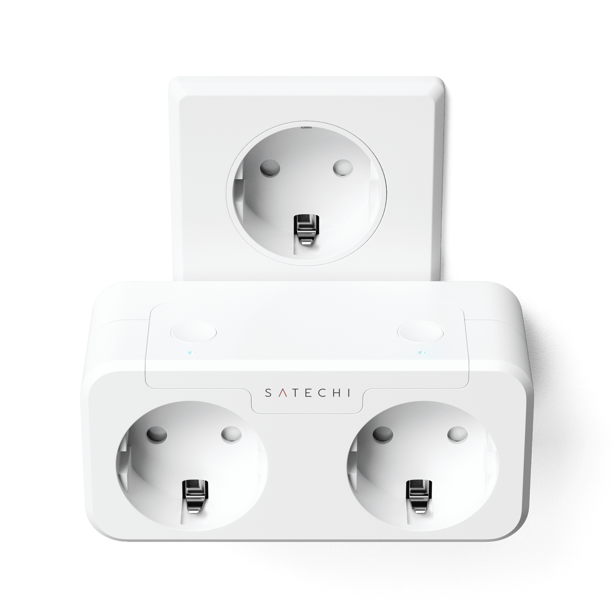 Dual Smart Outlet, EU version, in front of a wall outlet