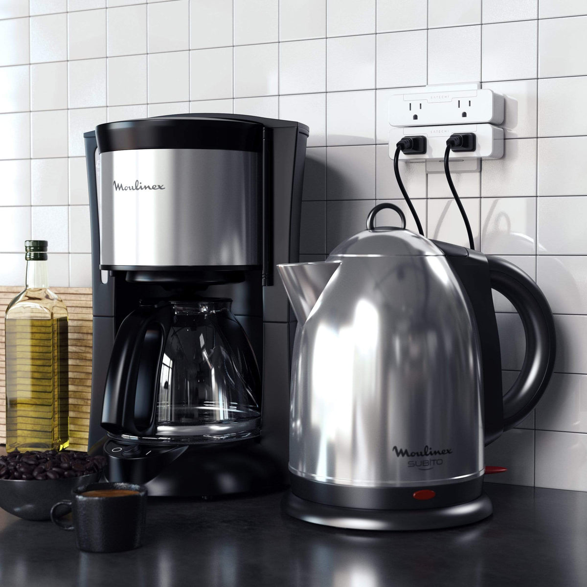 Dual Smart Outlet powering a coffee maker and kettle on a kitchen counter