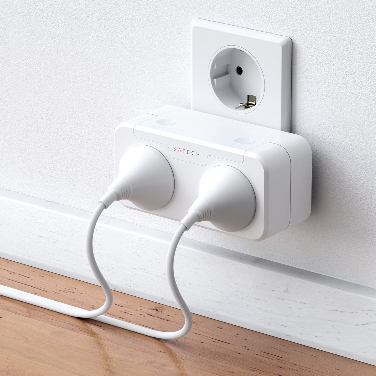 Dual Smart Outlet, EU version, plugged into a wall outlet with two cords