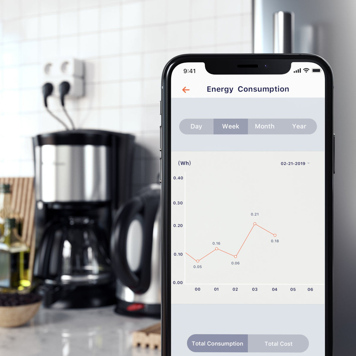Dual Smart Outlet, EU version, powering a coffee maker, with the energy consumption screen of its app on an iPhone