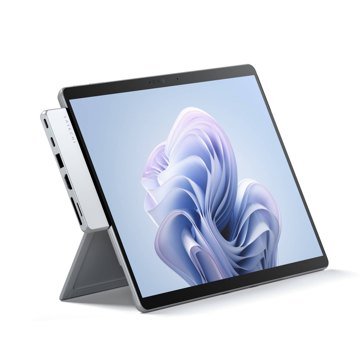 Satechi Dual USB-C Hub for Surface Pro attached to the side of a Surface Pro