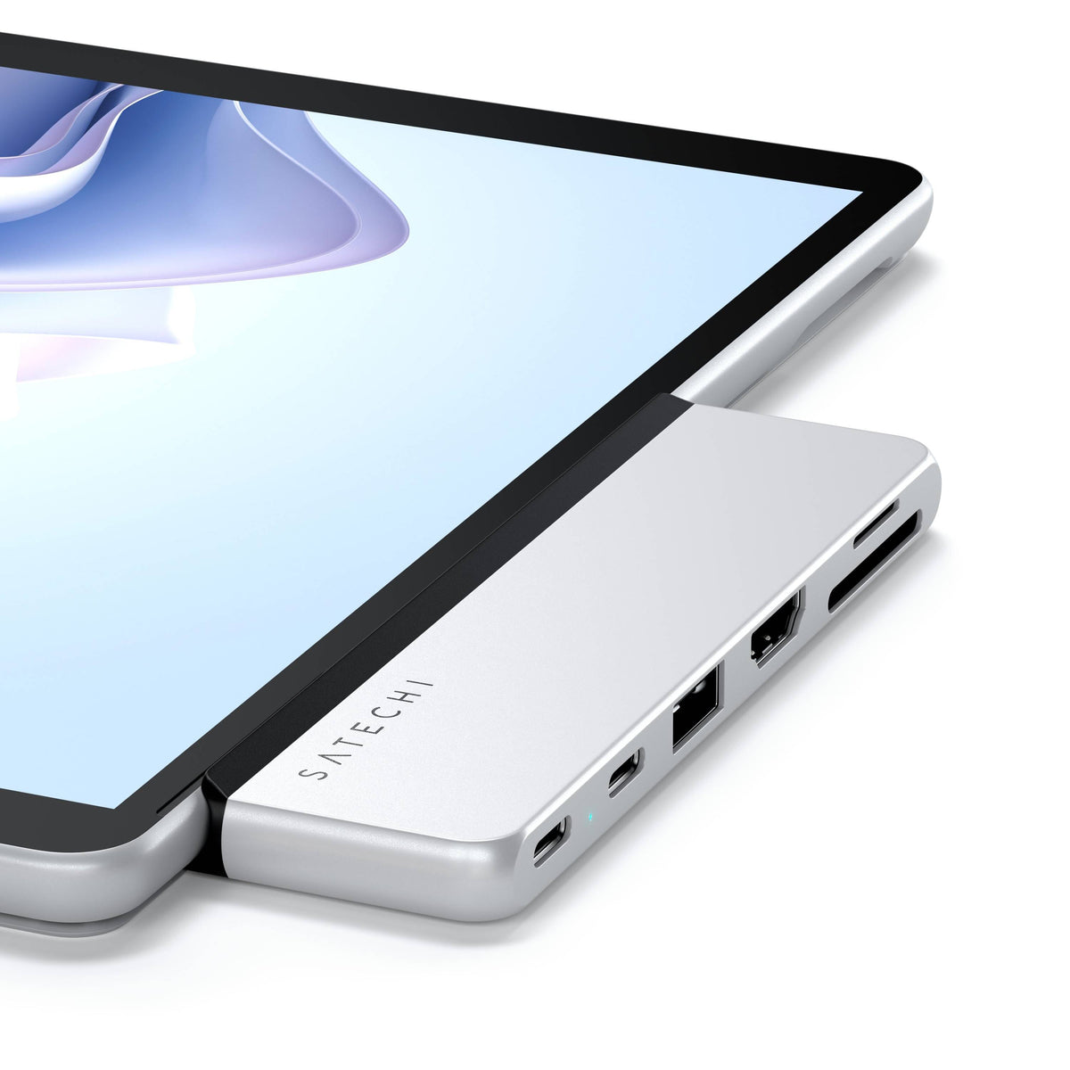 Dual USB-C Hub for Surface Pro attached to a Surface Pro, close up of the ports