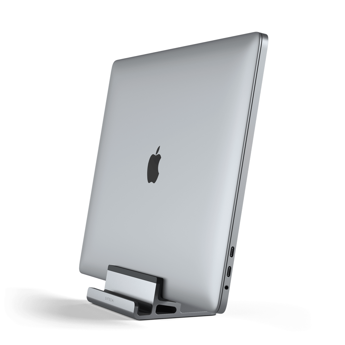 Dual Vertical Laptop Stand holding a MacBook, side view