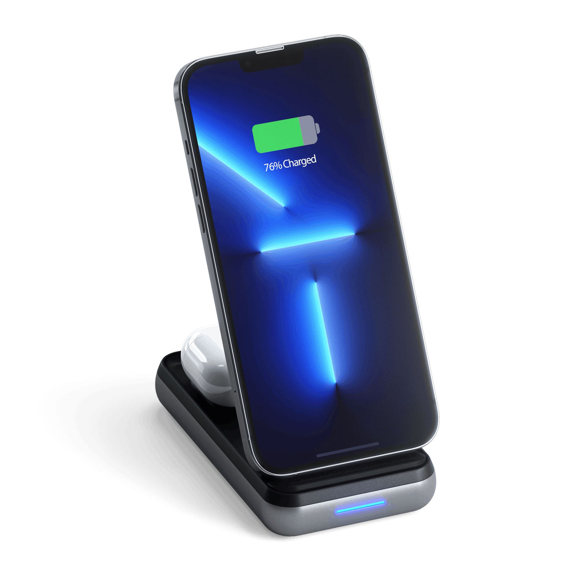 Satechi Duo Wireless Charger Power Stand charging an iPhone and AirPods at the same time