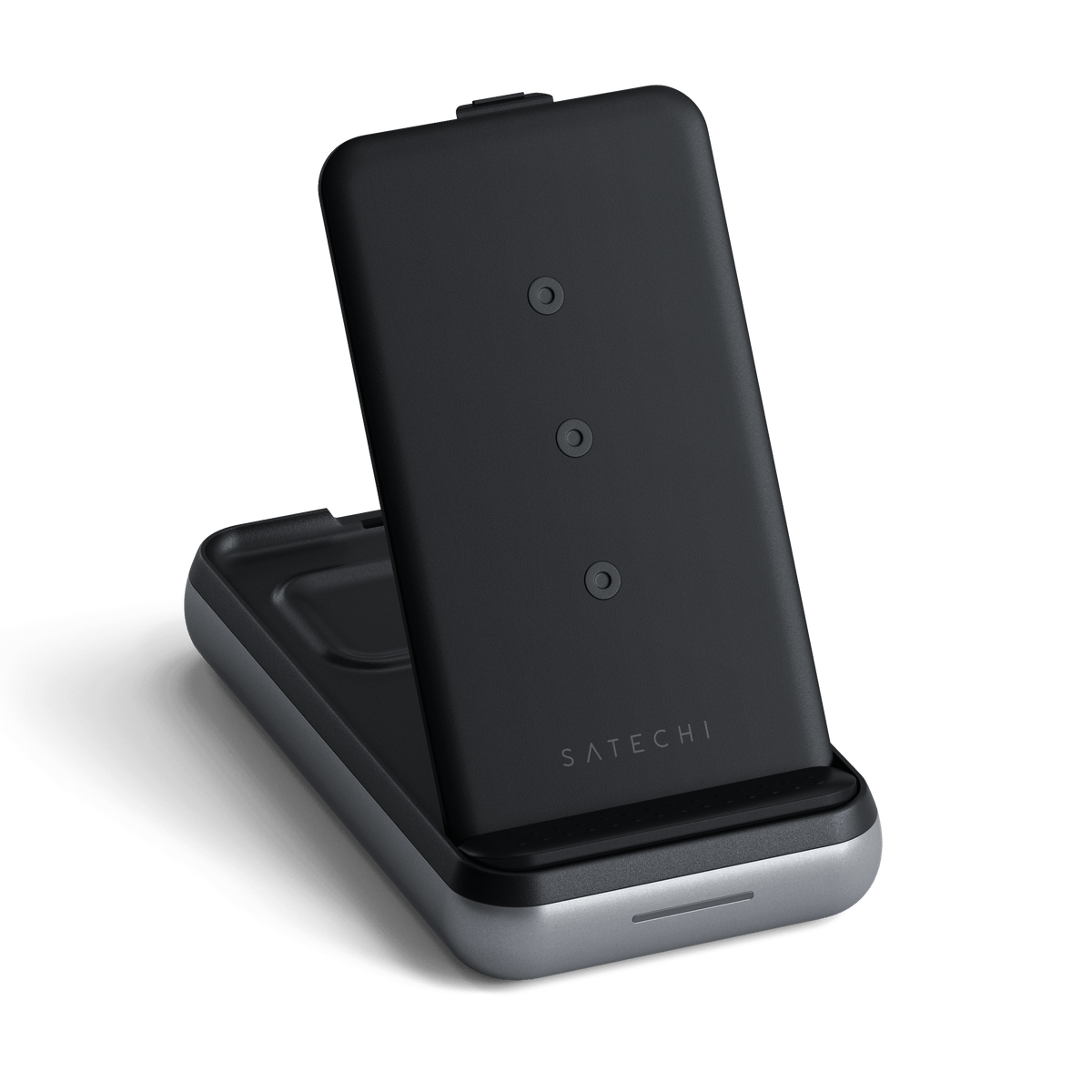 Duo Wireless Charger Power Stand with its charging pad folded up into a stand