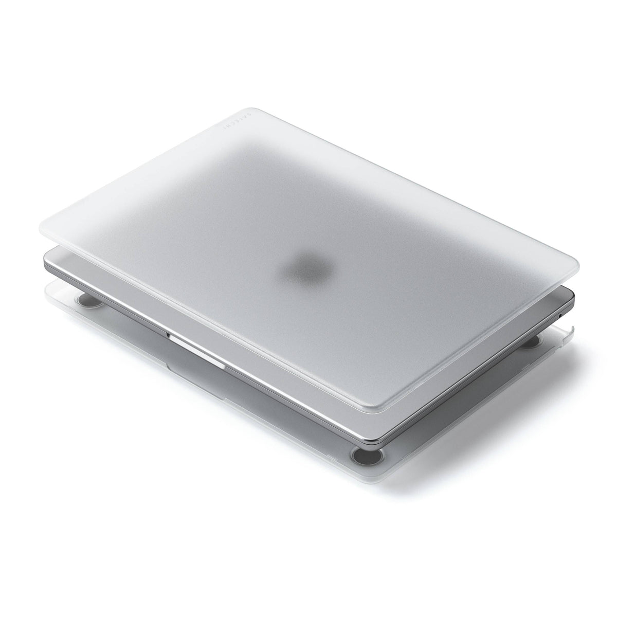 Satechi Eco-Hardshell Case for MacBook Air M2 in Clear, exploded view showing top and bottom shells