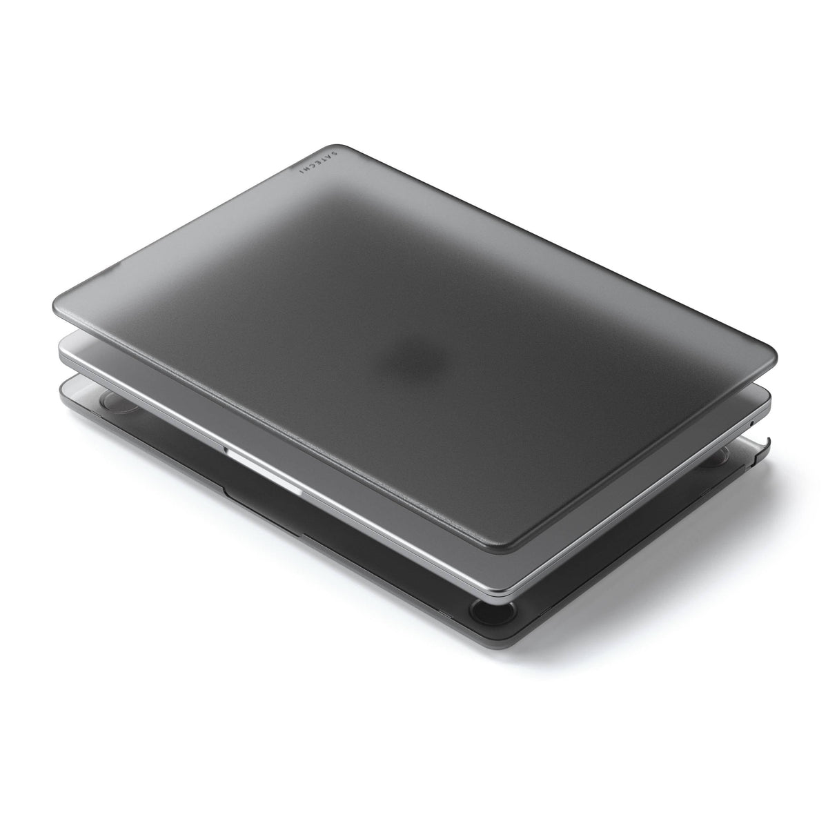 Satechi Eco-Hardshell Case for MacBook Air M2 in Dark, exploded view showing top and bottom shells