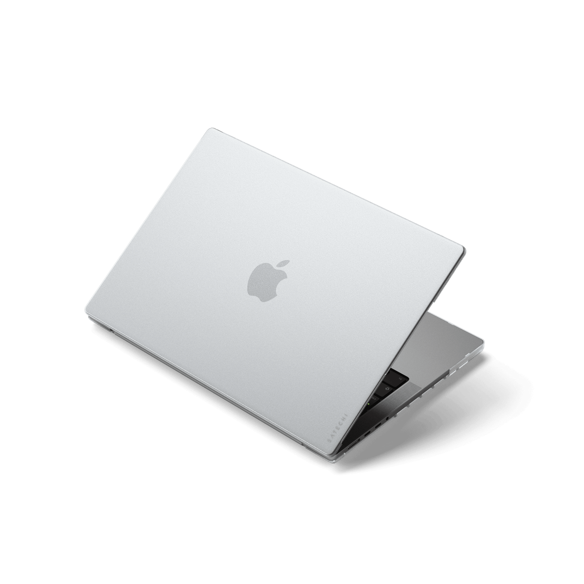 Eco-Hardshell Case for MacBook Pro 14-inch in Clear, on a partly open MacBook Pro, back view