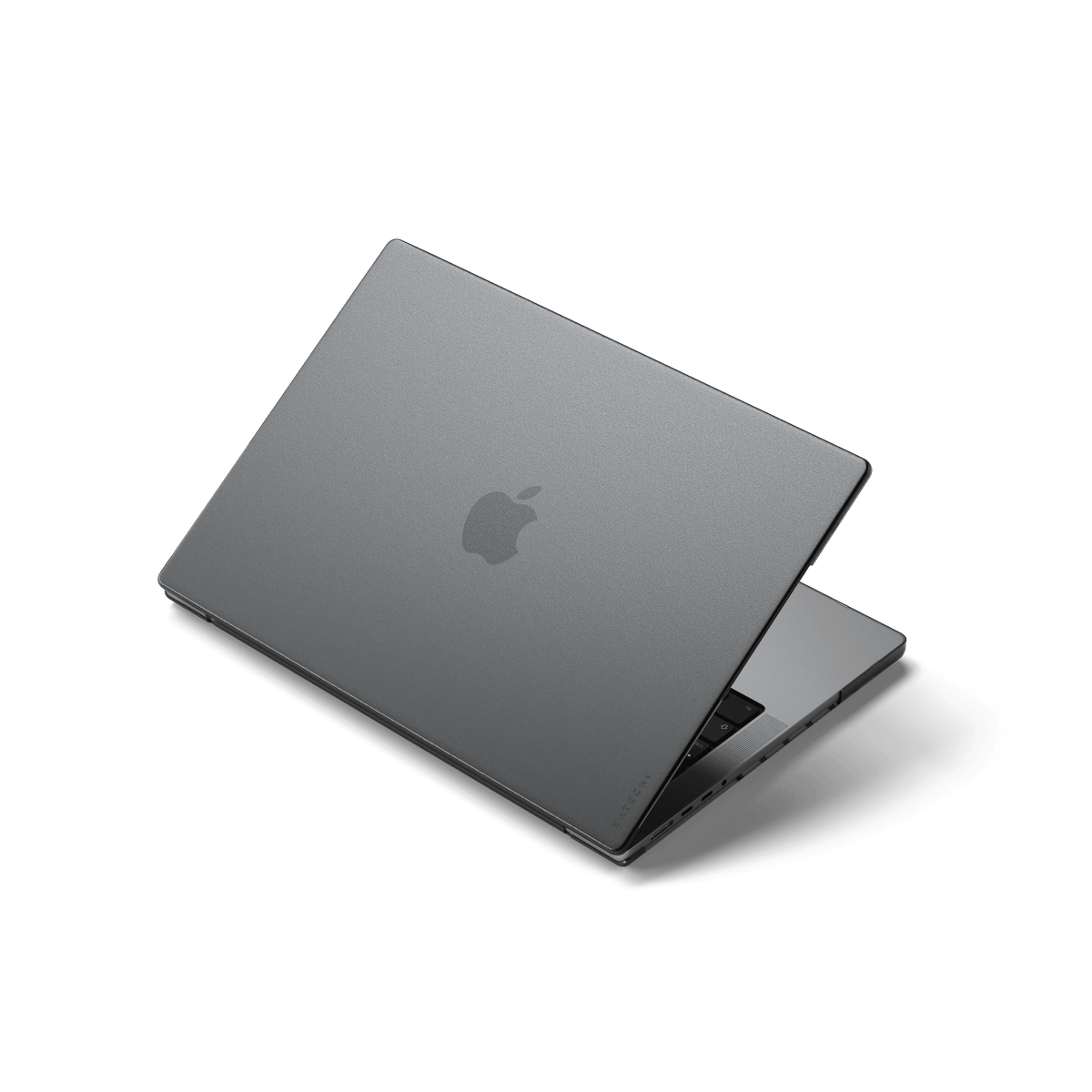 Eco-Hardshell Case for MacBook Pro 14-inch in Dark, on a partly open MacBook Pro, back view
