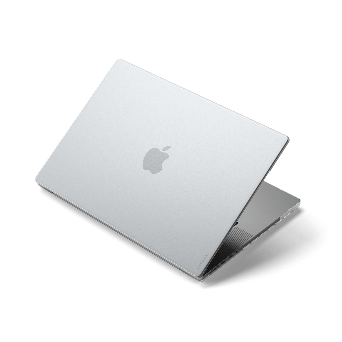 Eco-Hardshell Case for MacBook Pro 16-inch in Clear, on a partly open MacBook Pro, back view
