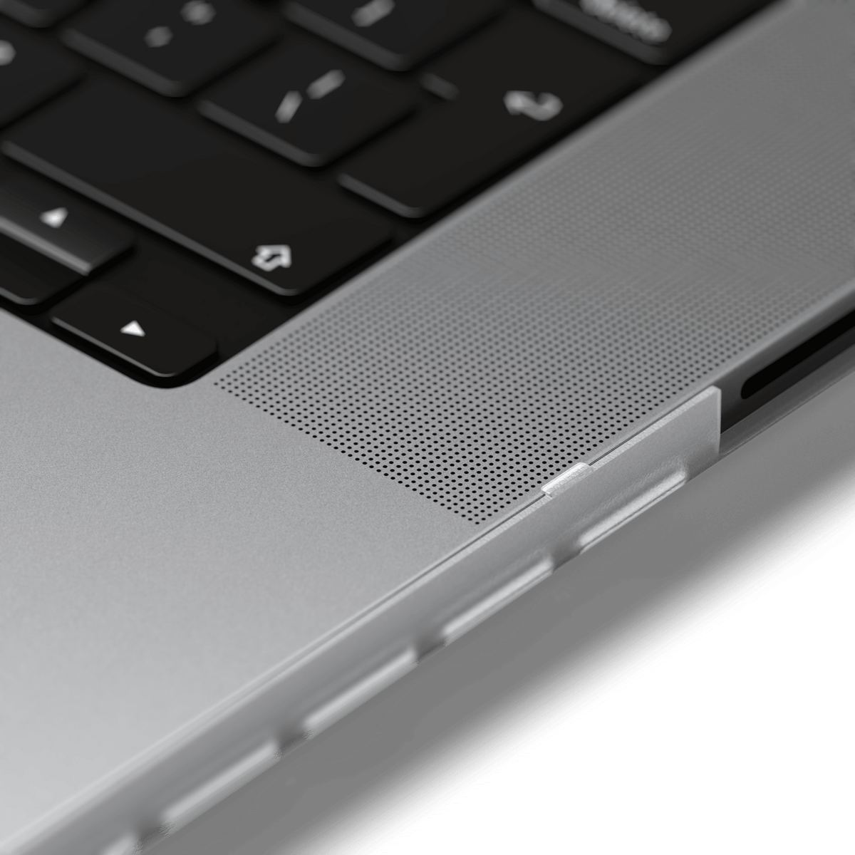 Eco-Hardshell Case for MacBook Pro 16-inch in Clear, close up of the edge next to the keyboard