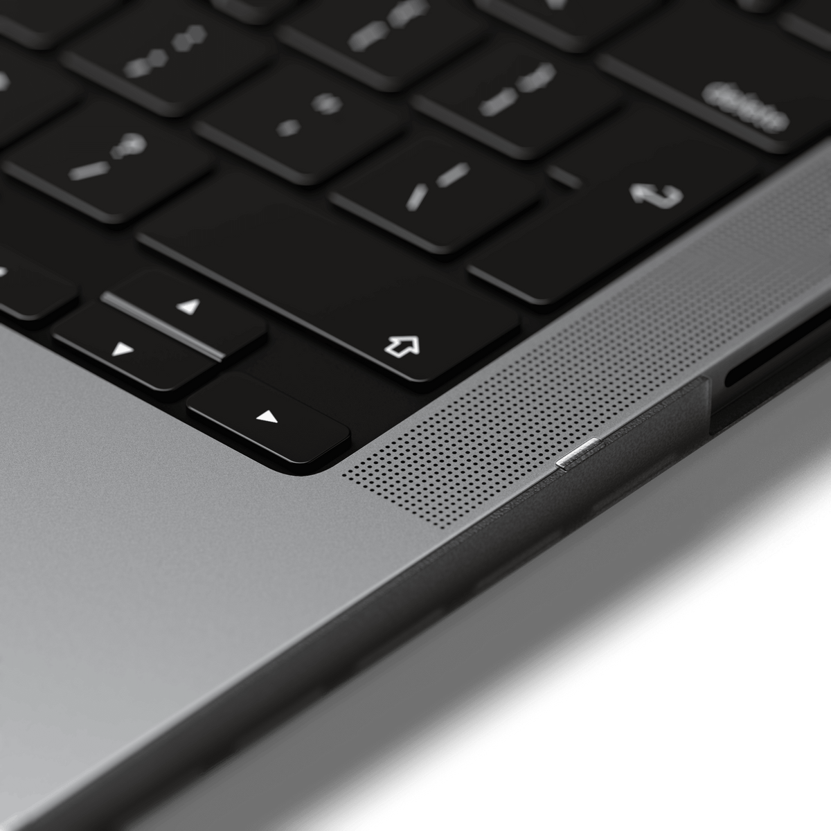 Eco-Hardshell Case for MacBook Pro 14-inch in Dark, close up of the edge next to the keyboard
