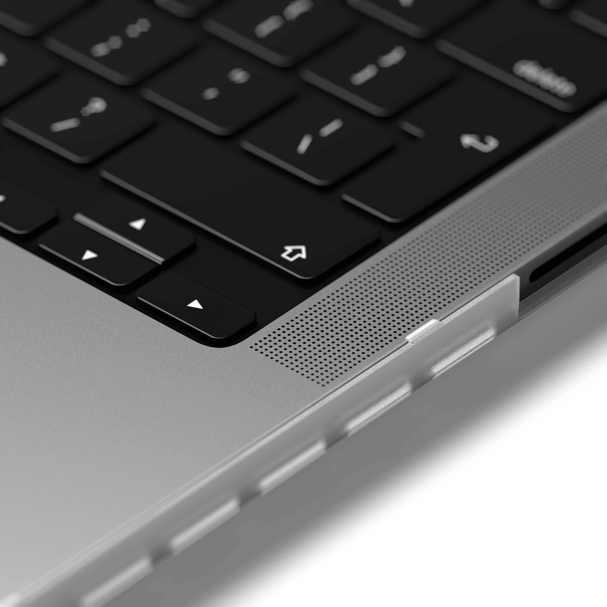 Eco-Hardshell Case for MacBook Pro 14-inch in Clear, close up of the edge next to the keyboard
