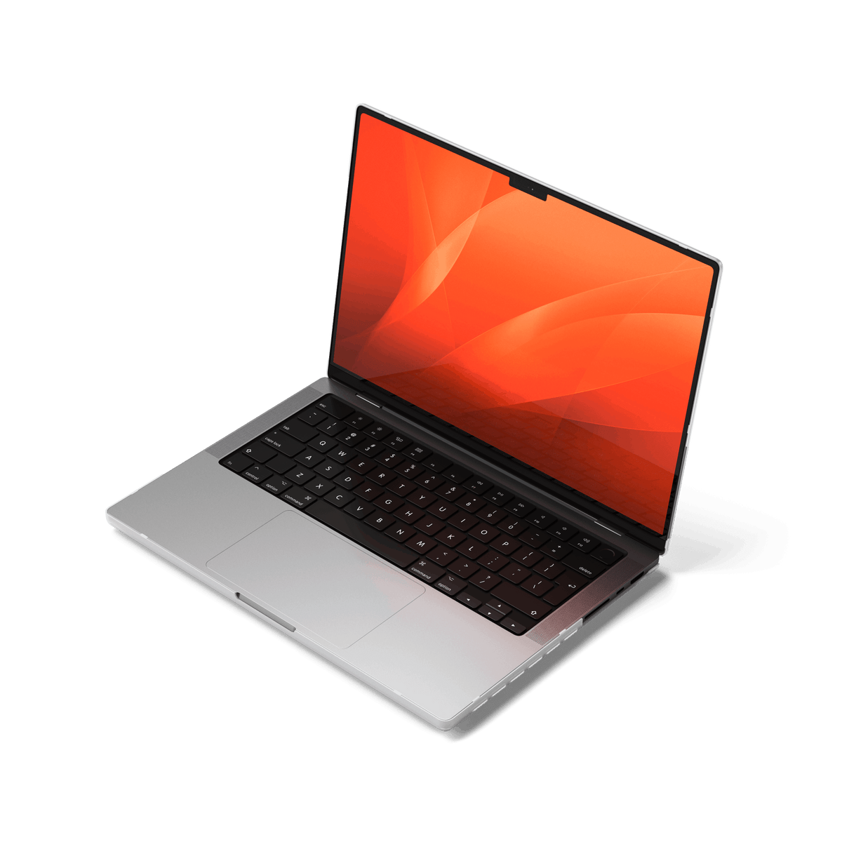 Eco-Hardshell Case for MacBook Pro 14-inch in Clear, on an open MacBook Pro, front view