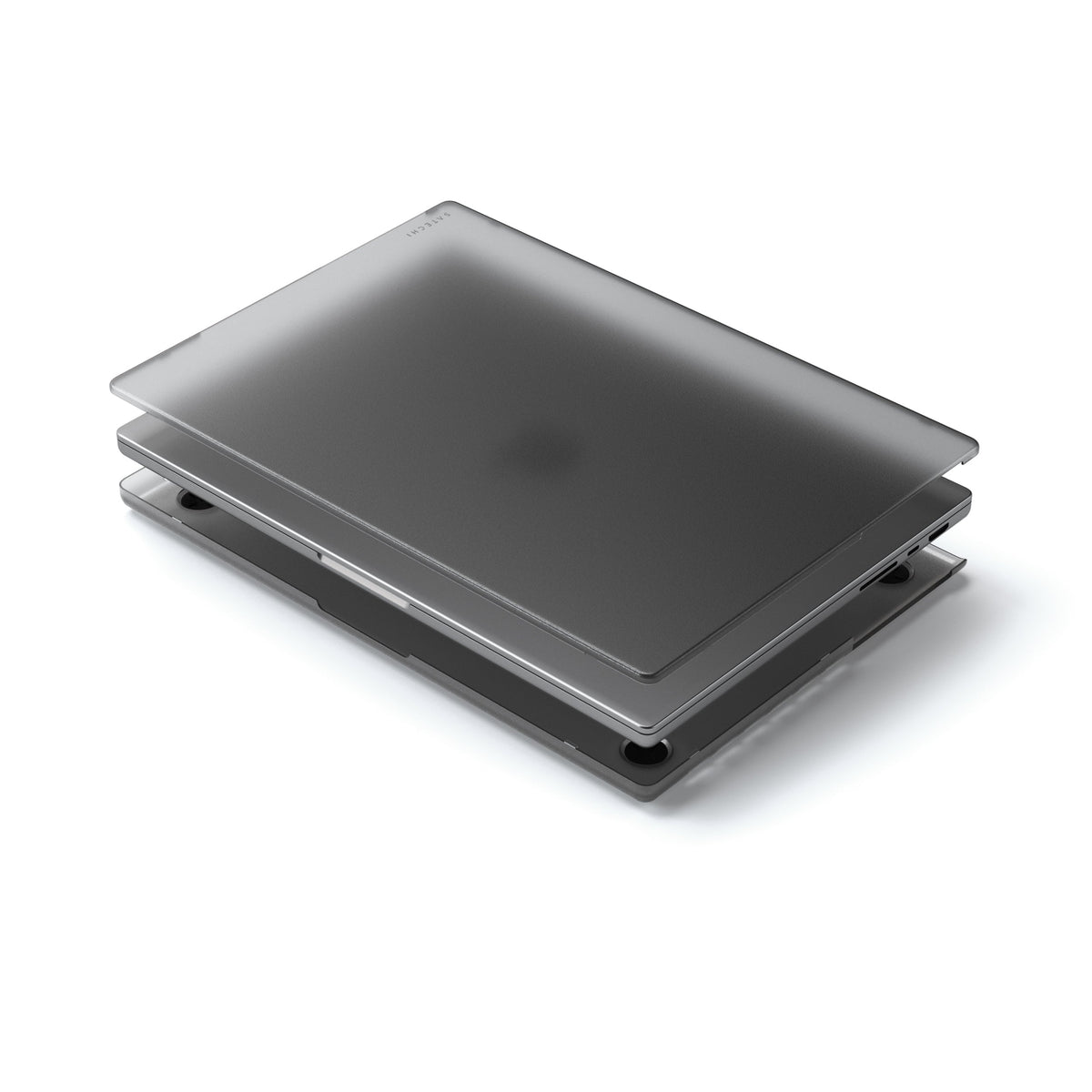 Satechi Eco-Hardshell Case for MacBook Pro 14-inch in Dark, exploded view showing top and bottom shells
