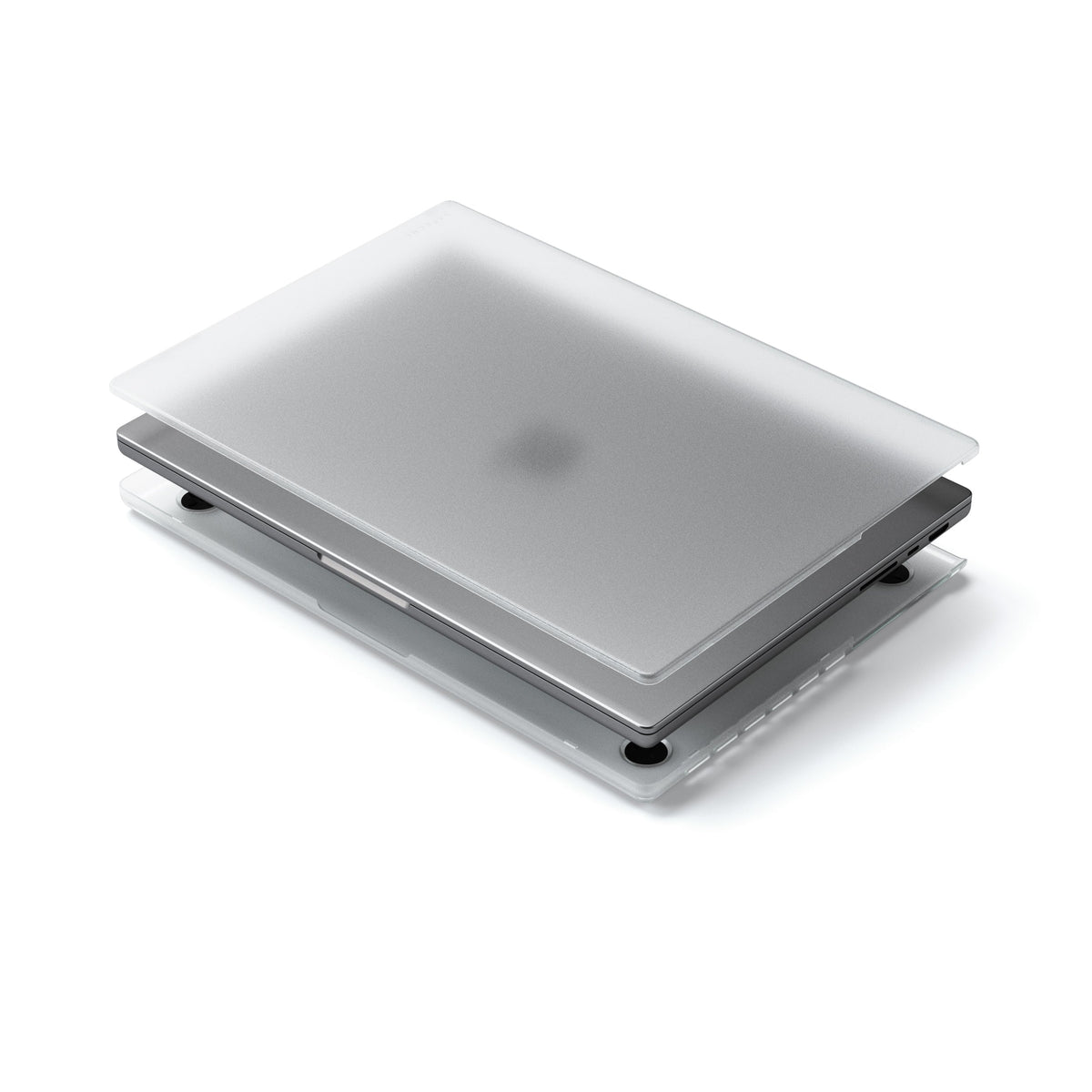 Satechi Eco-Hardshell Case for MacBook Pro 14-inch in Clear, exploded view showing top and bottom shells