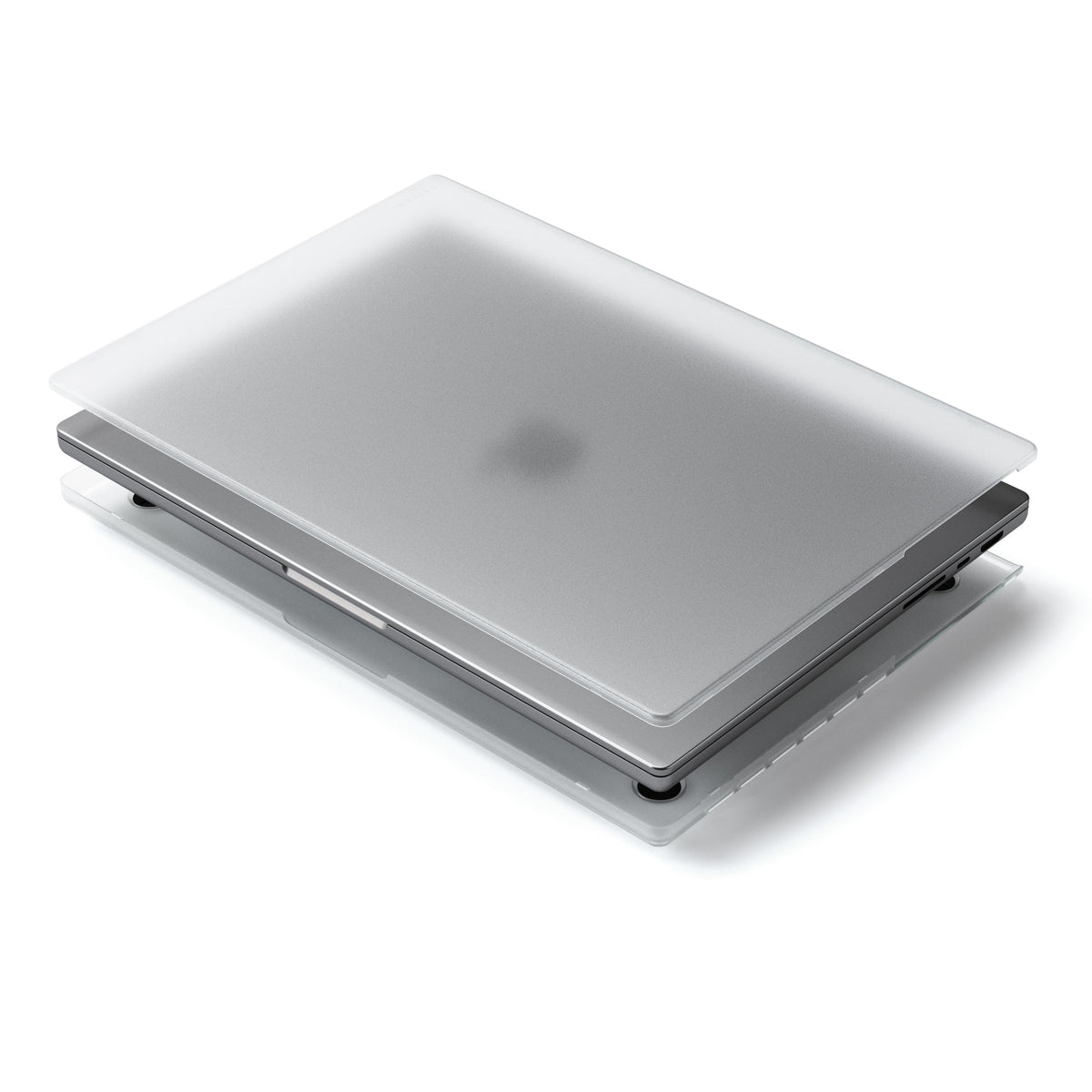 Satechi Eco-Hardshell Case for MacBook Pro 16-inch in Clear, exploded view showing top and bottom shells
