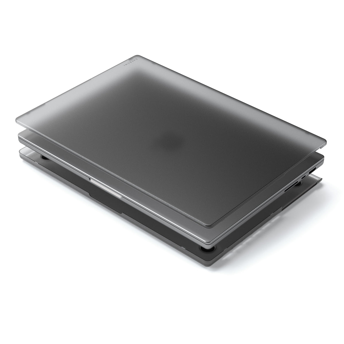 Satechi Eco-Hardshell Case for MacBook Pro 16-inch in Dark, exploded view showing top and bottom shells