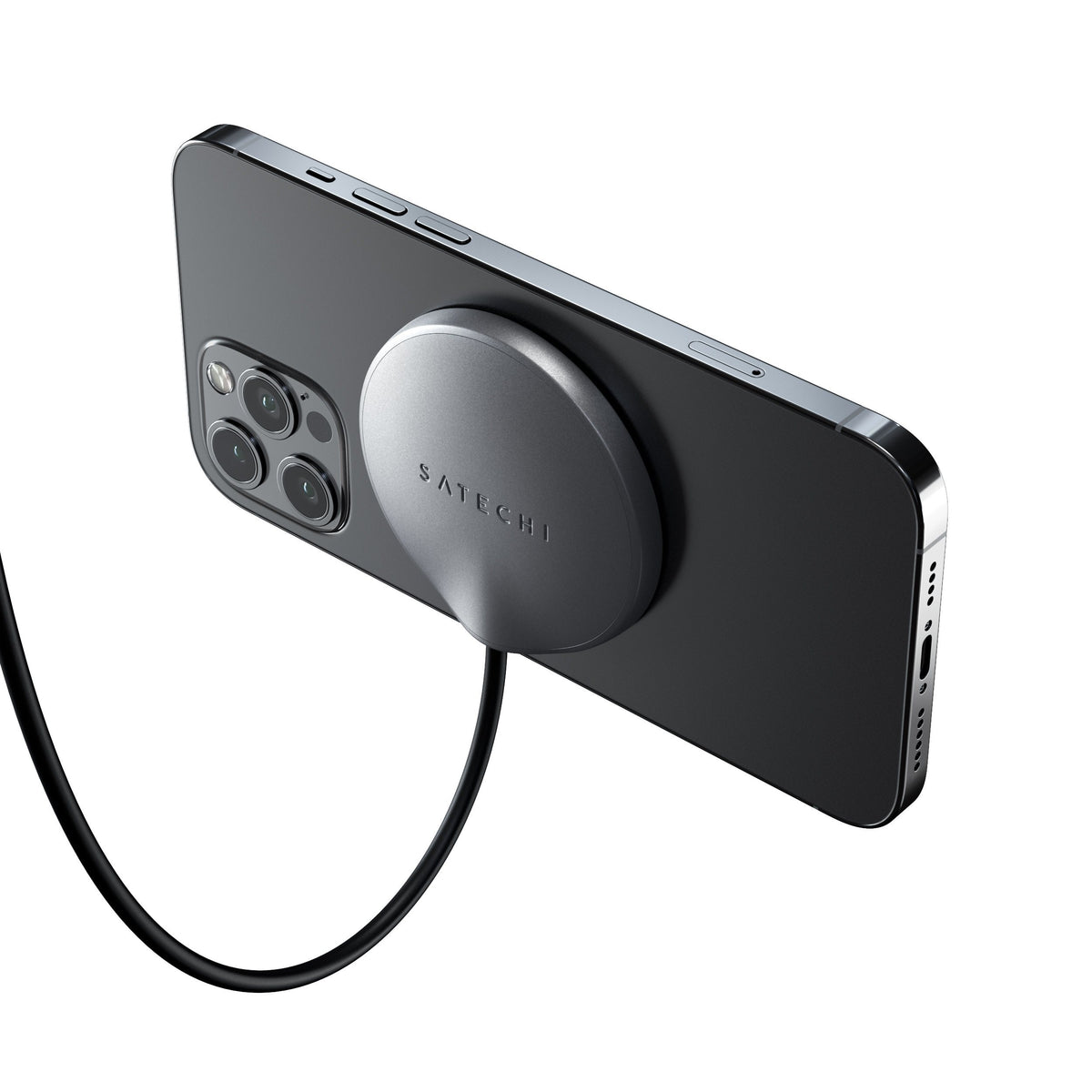 USB-C Magnetic Wireless Charging Cable attached to the back of an iPhone