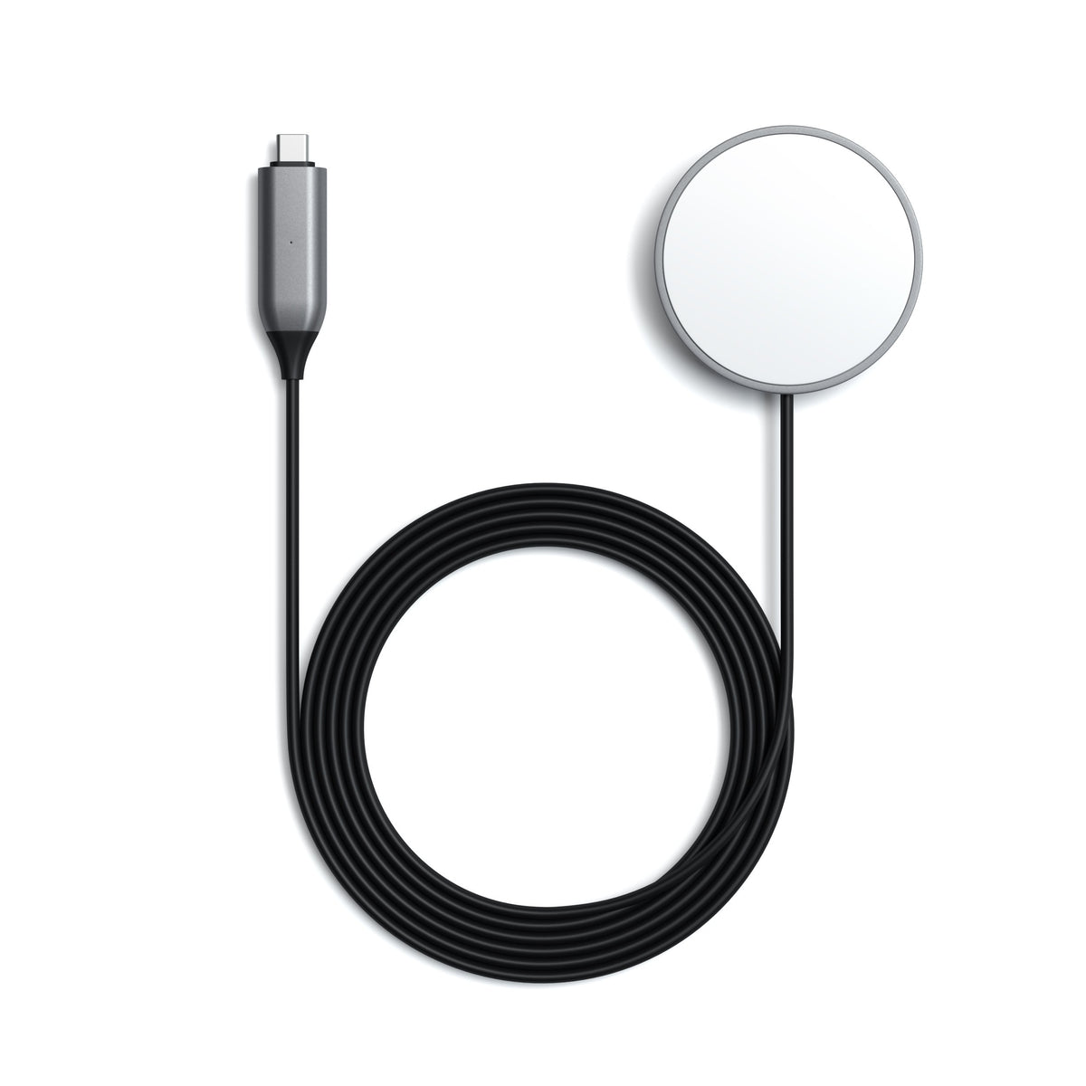 Satechi USB-C Magnetic Wireless Charging Cable, full view with USB-C connector and coiled cable