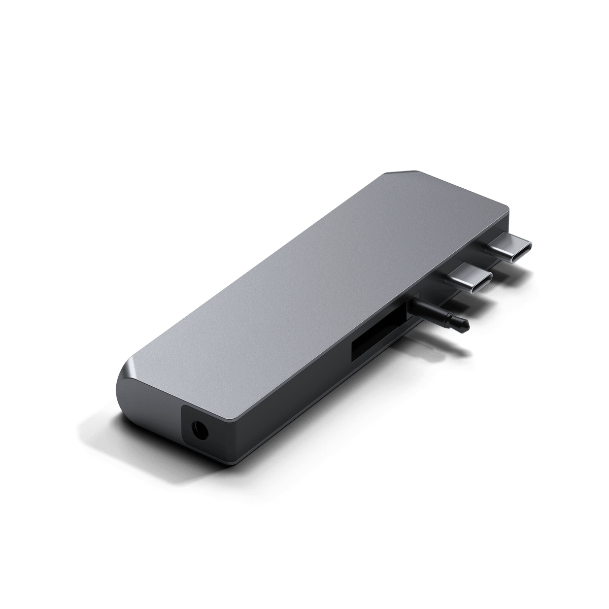Pro Hub Mini in Space Gray, top view showing dual USB-C connectors and SD slot
