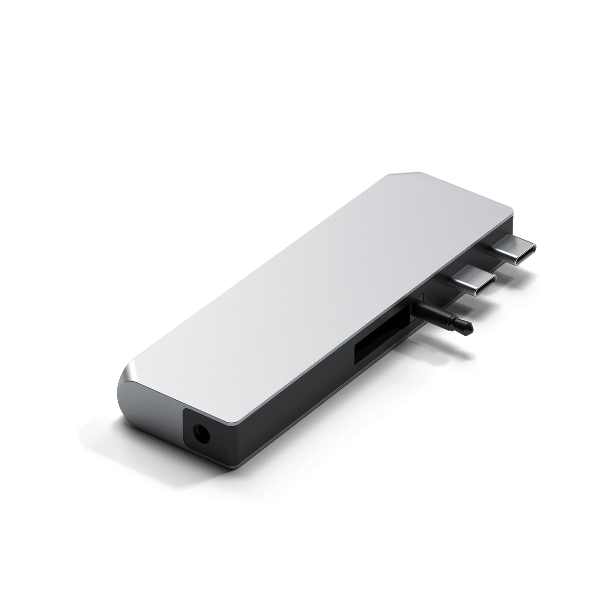 Pro Hub Mini in Silver, top view showing dual USB-C connectors and SD slot