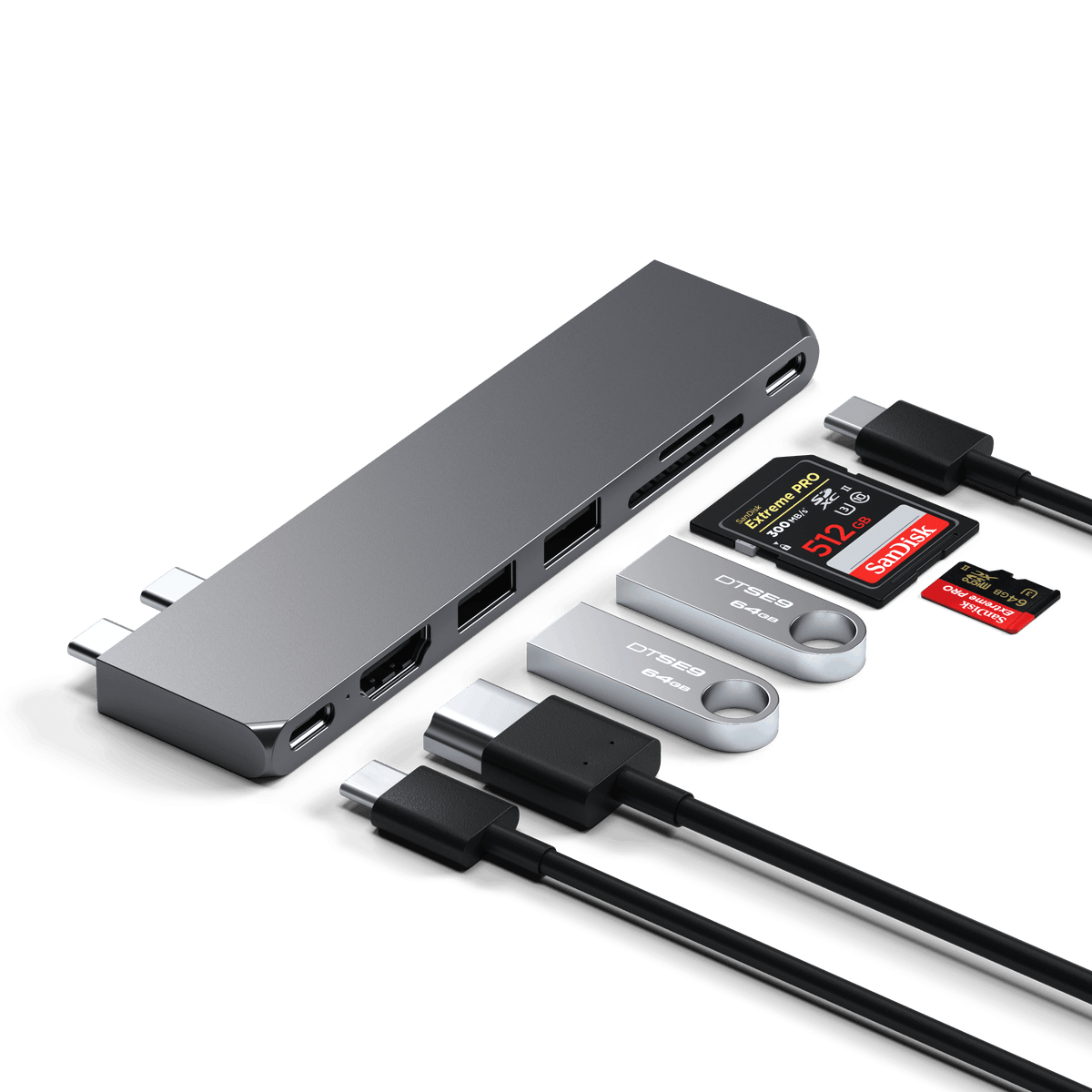 Pro Hub Slim in Space Gray with HDMI, USB and USB-C cables, SD cards and flash drives