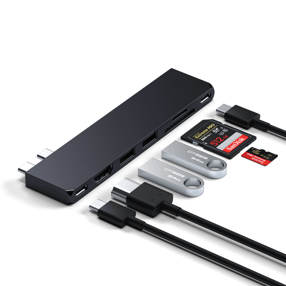 Pro Hub Slim in Midnight with HDMI, USB and USB-C cables, SD cards and flash drives