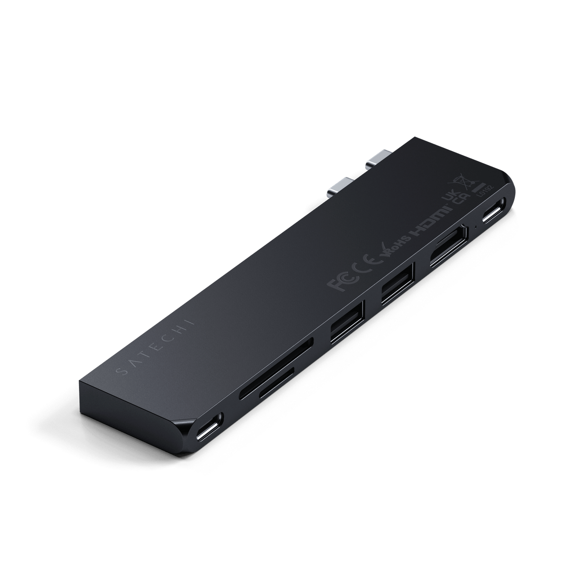 Pro Hub Slim in Midnight, angled view of ports and SD card slots