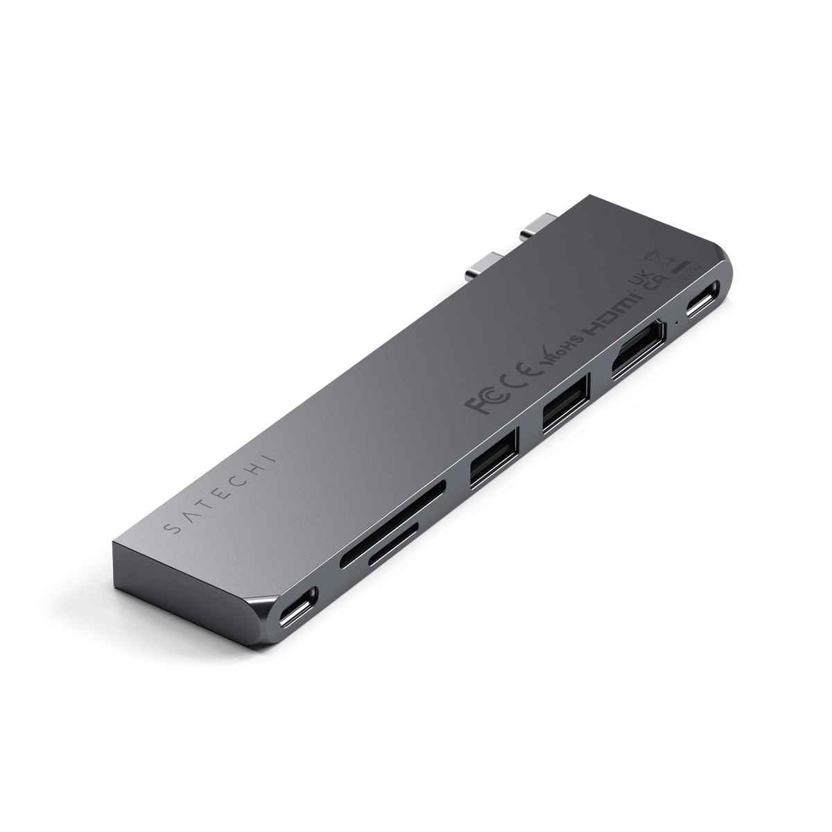 Pro Hub Slim in Space Gray, angled view of ports and SD card slots