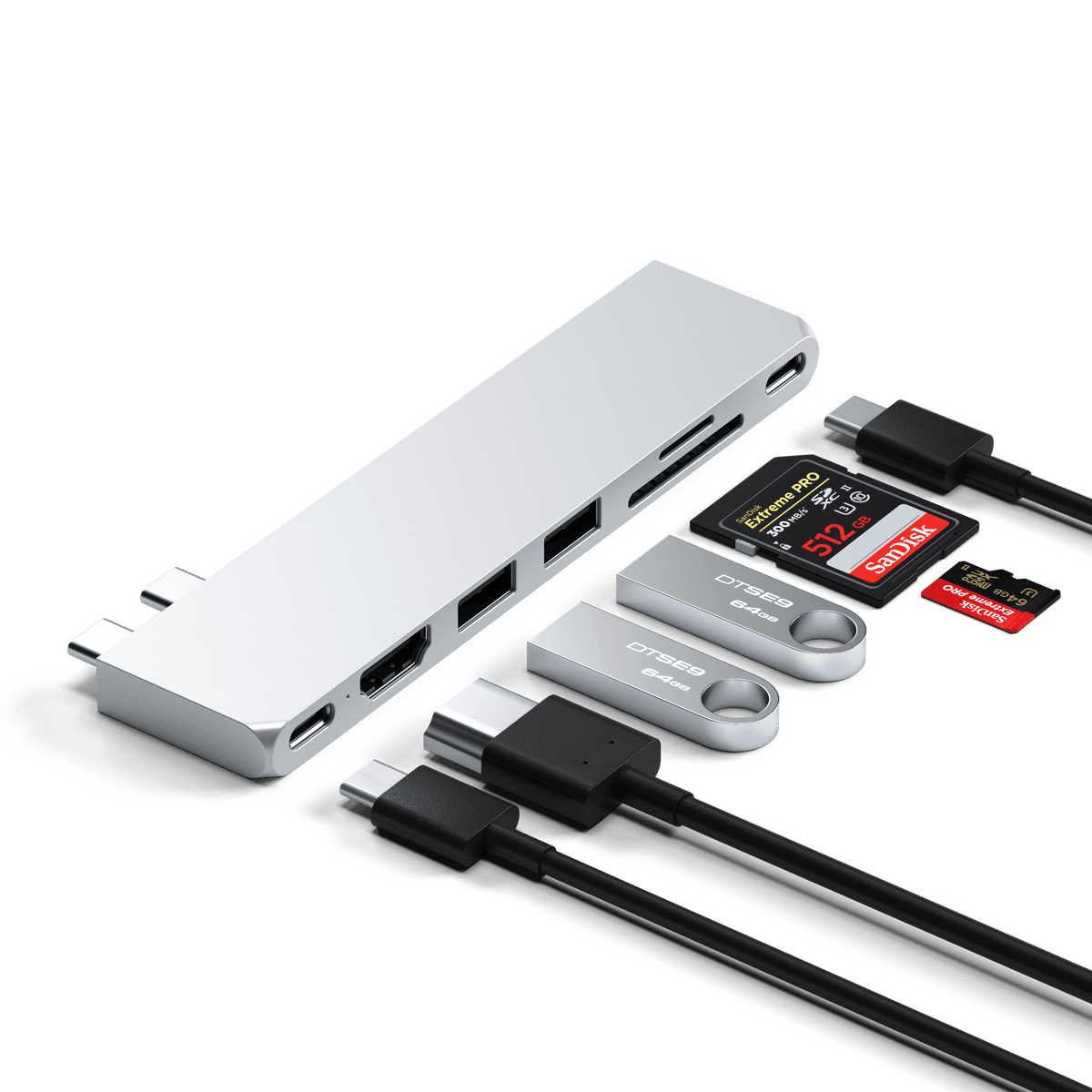 Pro Hub Slim in Silver with HDMI, USB and USB-C cables, SD cards and flash drives