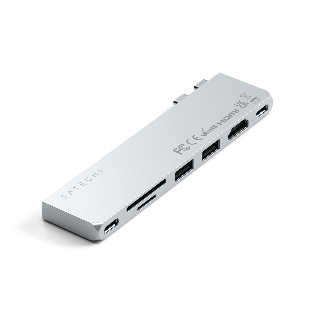 Pro Hub Slim in Silver, angled view of ports and SD card slots