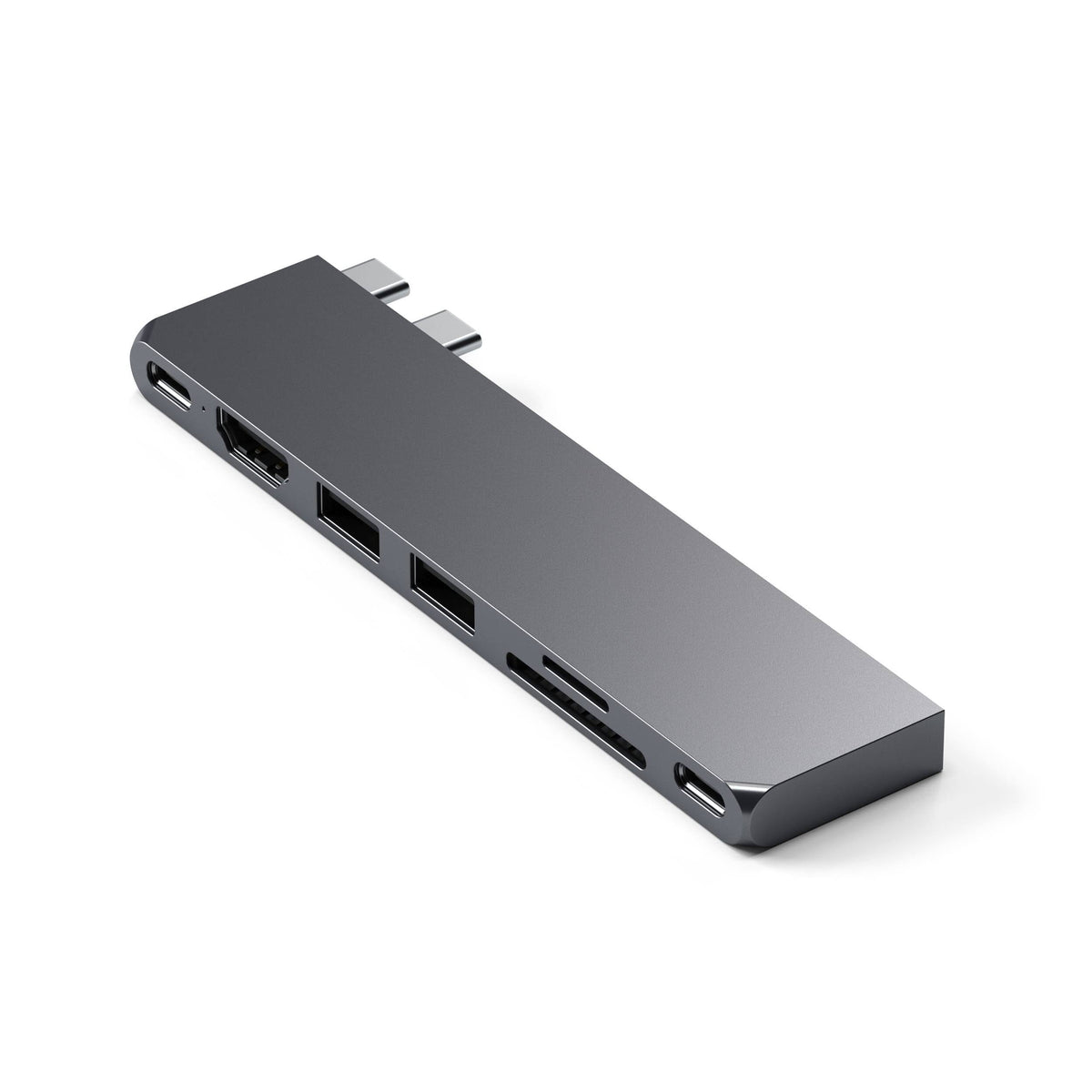 Satechi Pro Hub Slim in Space Gray, front view of ports