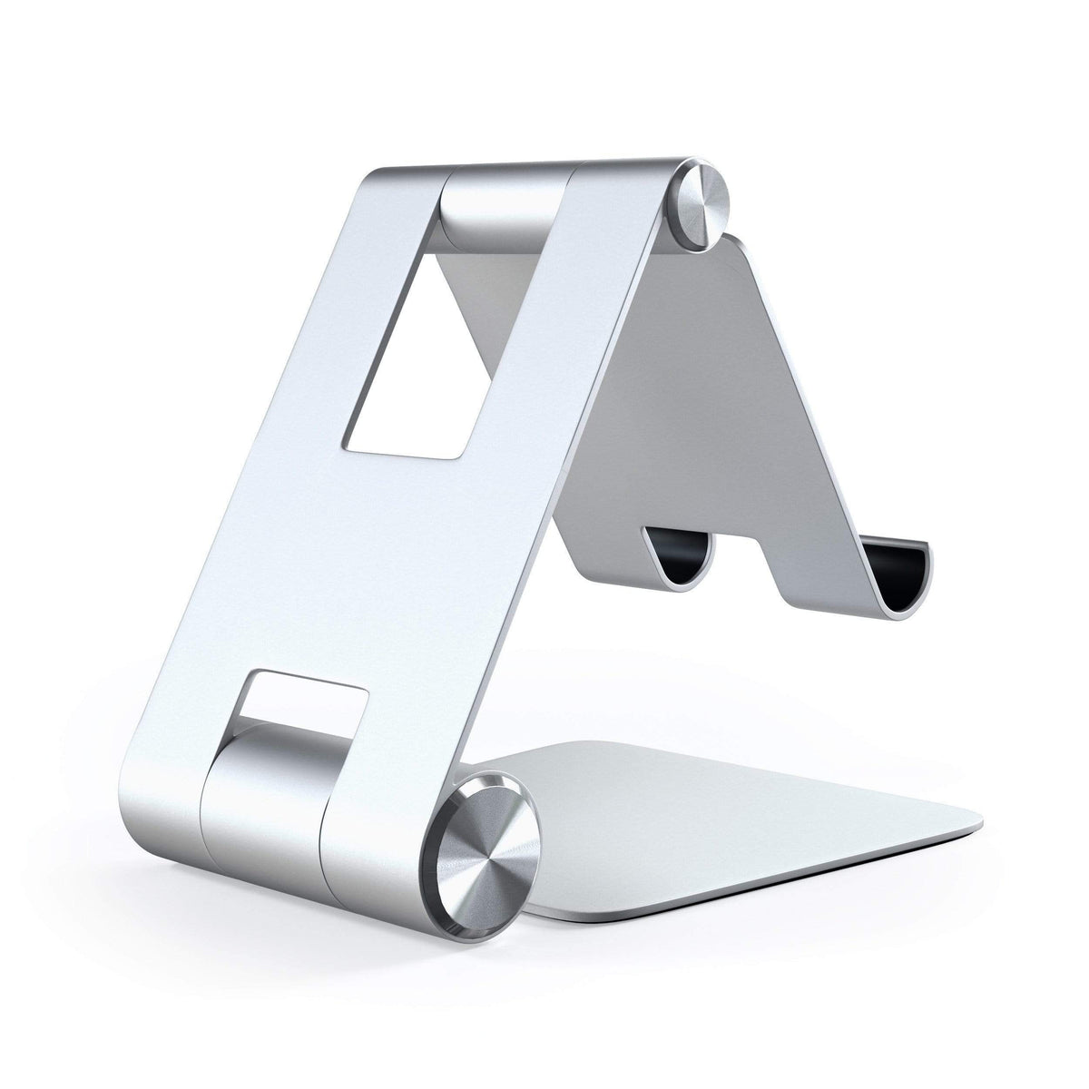 R1 Aluminum Hinge Holder Foldable Stand in Silver, empty, back angled view