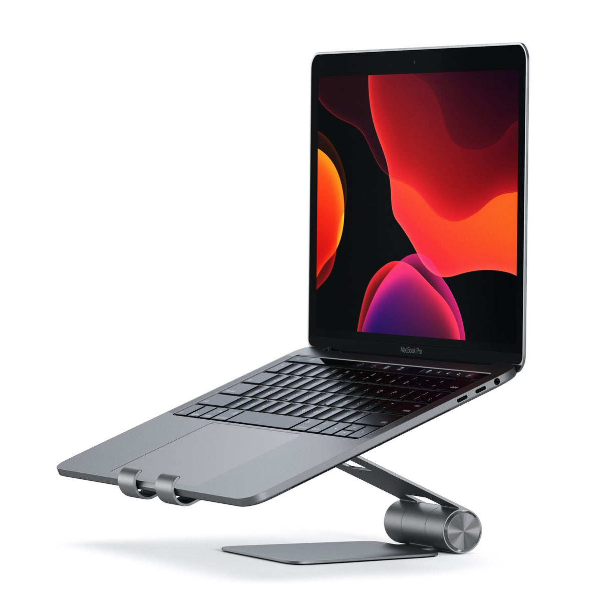 R1 Aluminum Hinge Holder Foldable Stand in Space Gray holding a MacBook
