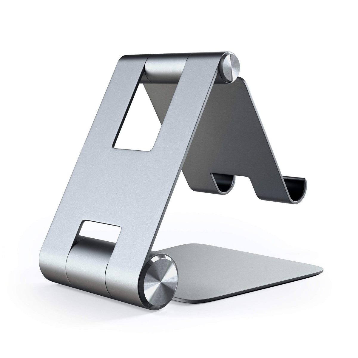 R1 Aluminum Hinge Holder Foldable Stand in Space Gray, empty, back angled view