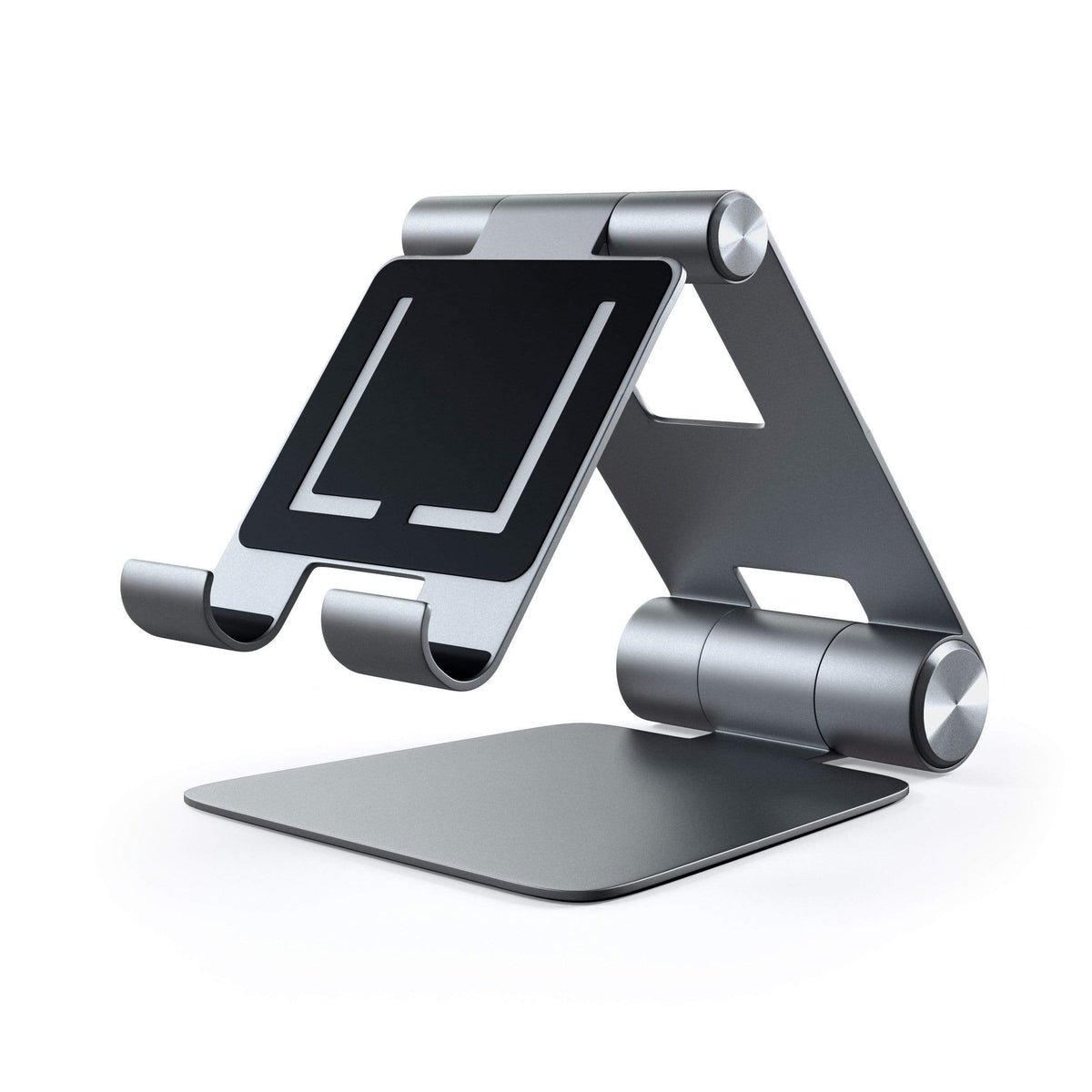 R1 Aluminum Hinge Holder Foldable Stand in Space Gray, empty, front angled view
