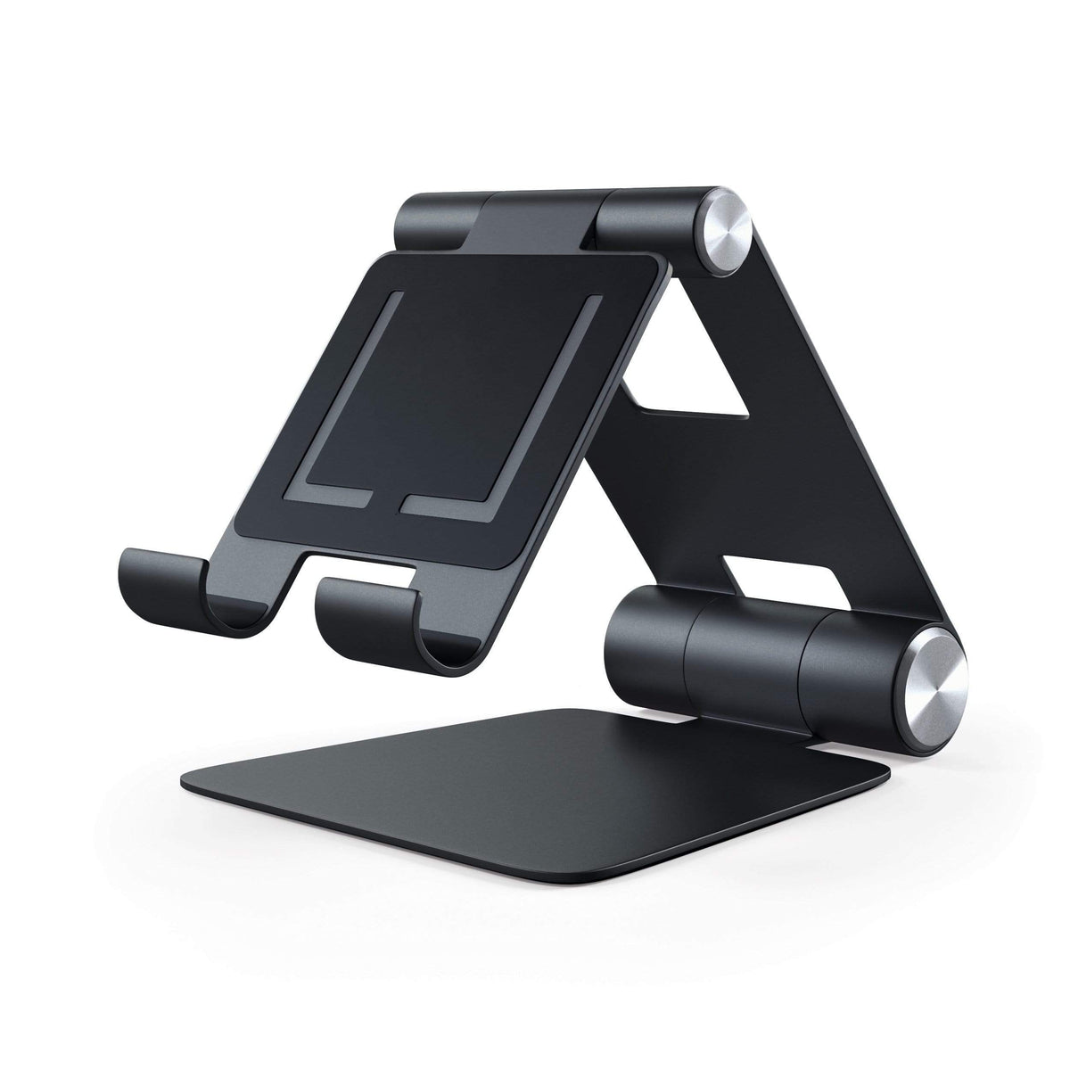 R1 Aluminum Hinge Holder Foldable Stand in Black, empty, front angled view