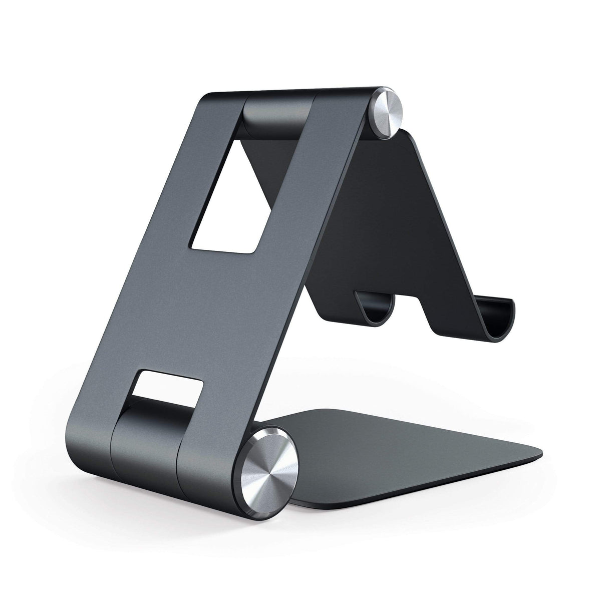 R1 Aluminum Hinge Holder Foldable Stand in Black, empty, back angled view