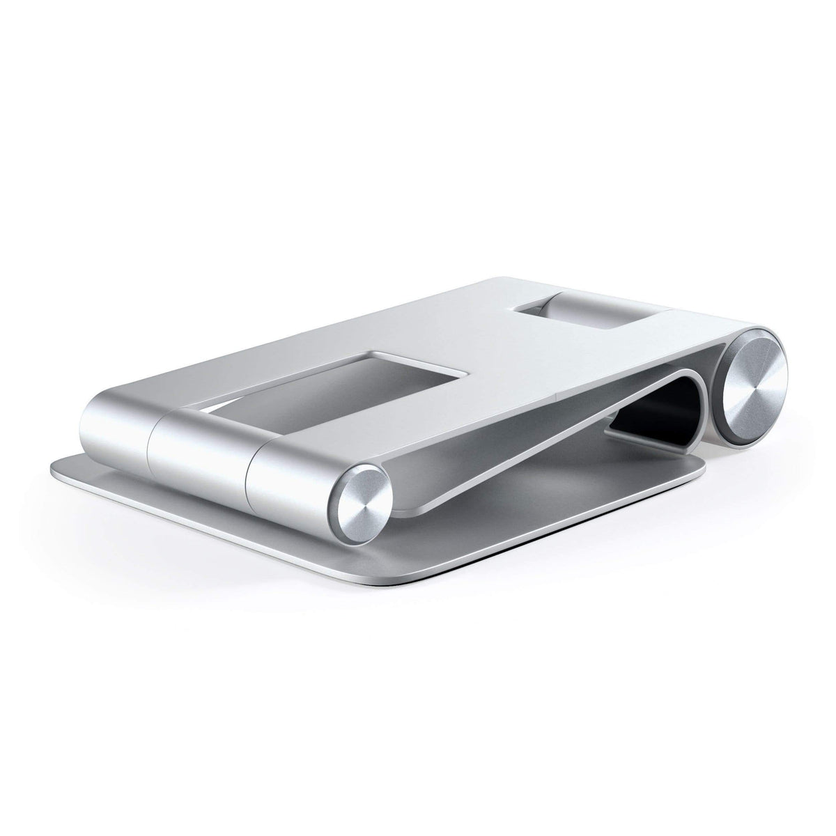 R1 Aluminum Hinge Holder Foldable Stand in Silver, folded flat