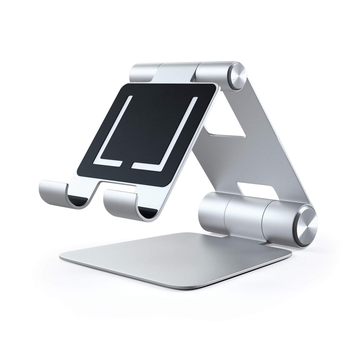 R1 Aluminum Hinge Holder Foldable Stand in Silver, empty, front angled view