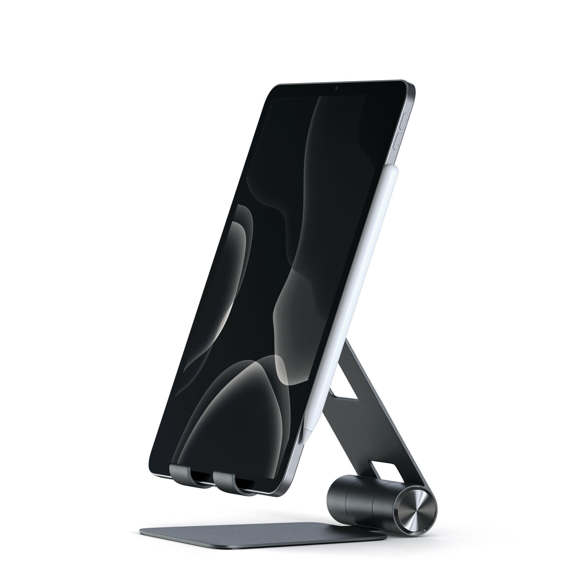 Satechi R1 Aluminum Hinge Holder Foldable Stand in Black holding an iPad