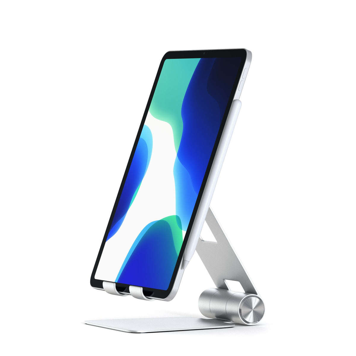Satechi R1 Aluminum Hinge Holder Foldable Stand in Silver holding an iPad