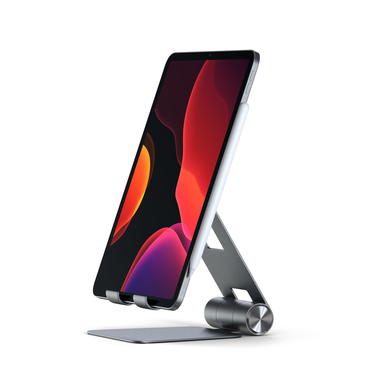 Satechi R1 Aluminum Hinge Holder Foldable Stand in Space Gray holding an iPad